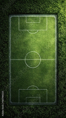 Soccer field viewed from above with vibrant green grass and white lines during midday