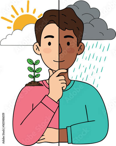 Man with split emotions pondering optimism and sadness with sun and rain weather contrast vector illustration 