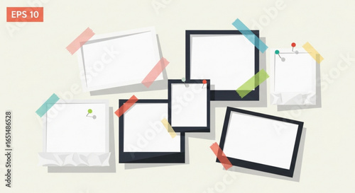 Collection of Blank Frames with Tape and Pins on a Beige Background