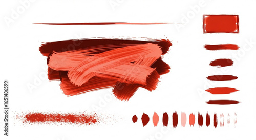 Red Paintbrush Strokes, Splatters, and Shapes on a Clean White Background