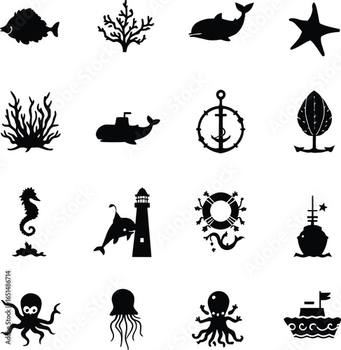 Ocean sea life vector icons set marine animals silhouette nautical design elements underwater world collection