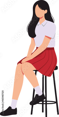 Young woman sitting on stool wearing red skirt and white shirt casual pose vector illustration 