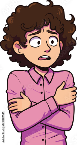 Worried young man with curly hair wearing pink shirt hugging himself expressing anxiety and concern vector illustration 