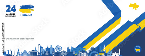 Geometric minimalist Ukraine Independence Day design, August 24th design element template with waving ribbon flag on the right, Ukraine map and flag	