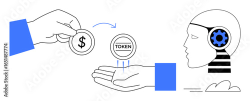 Hand swapping coin for token, human-thumbs up machine head with gear. Ideal for blockchain, AI, transaction, fintech, automation, digital economy innovation. Simple flat metaphor