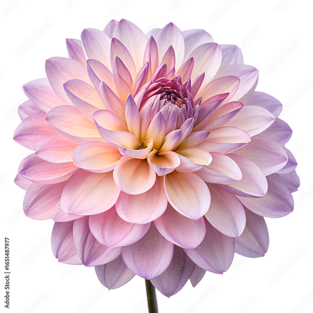 Fototapeta premium Exquisite pastel dahlia bloom in soft pink, delicate floral portrait isolated on transparent background
