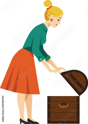 Woman opening wooden treasure chest in orange skirt and green top vector illustration standing sideways