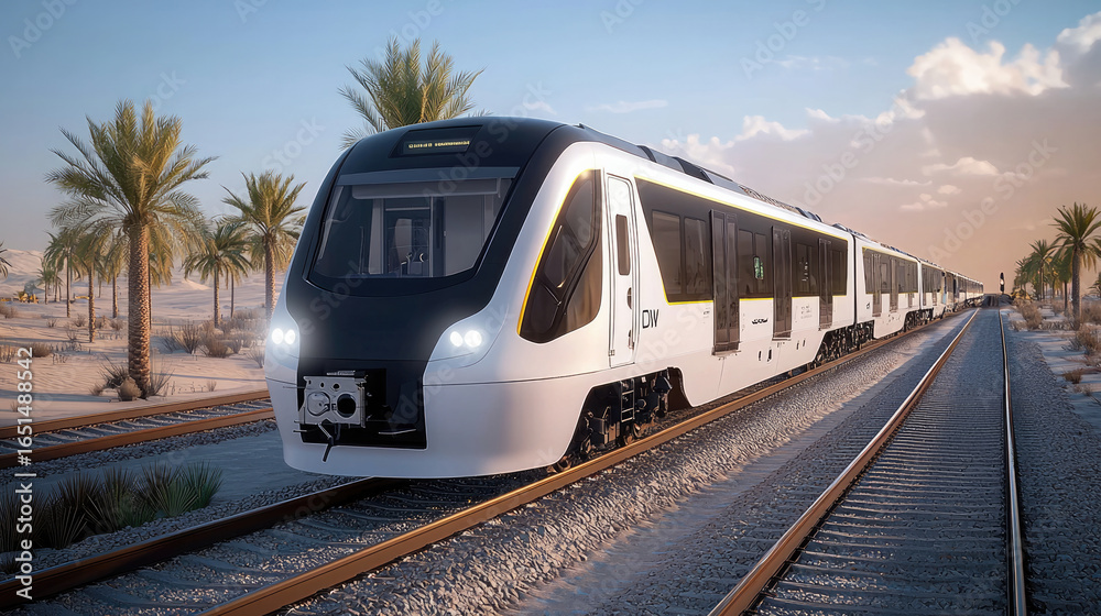 Naklejka premium Modern train desert landscape palm tree railway sunlight transportation seamless mobility travel technology outdoor summer