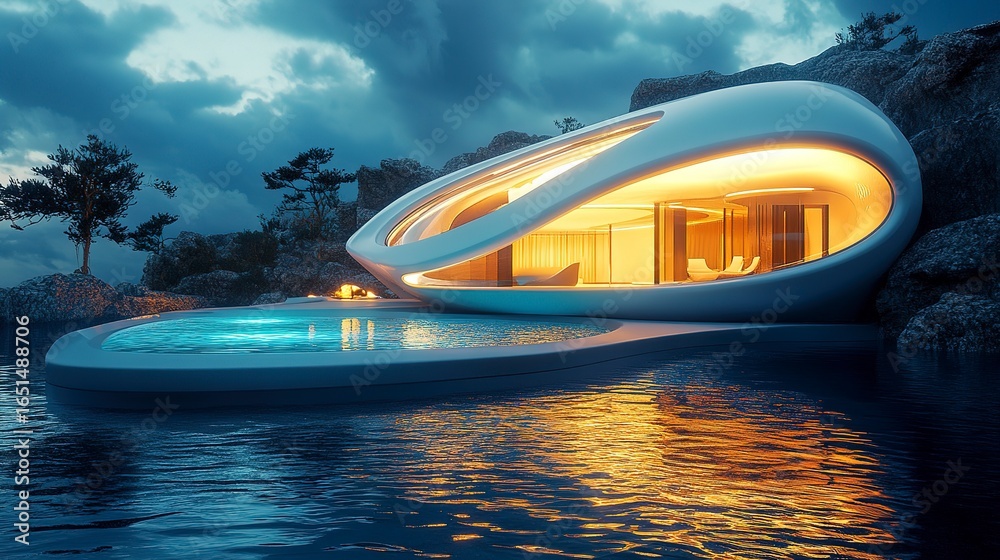 Obraz premium Futuristic villa with glowing lights and serene poolside view during evening hours