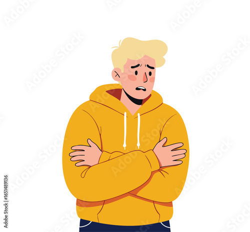 Young man in yellow hoodie feeling cold and anxious vector illustration in portrait orientation 
