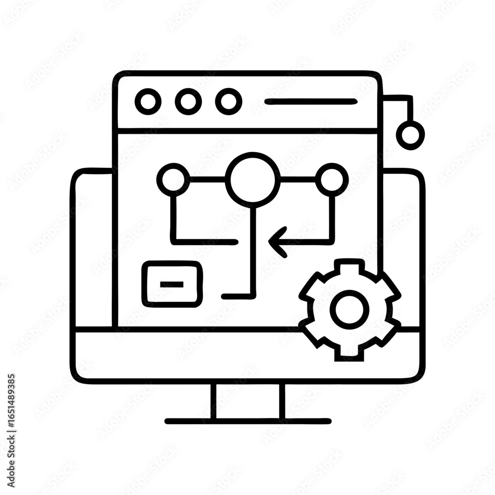 Computer monitor with a web browser window showing data flow and a gear as concept for IT system integration. Outline vector icon for design Computer monitor with a web browser window showing data flow and a gear as concept for IT system integration. Outline vector icon for design