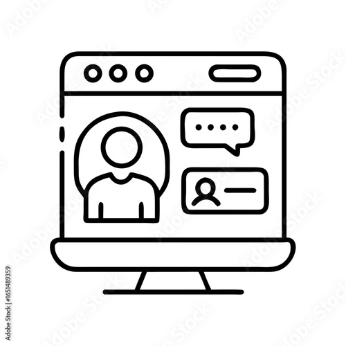 Desktop monitor screen with user profile, chat bubble, and friend icon. Online communication and social network concept. Vector icon in line style for app, website design