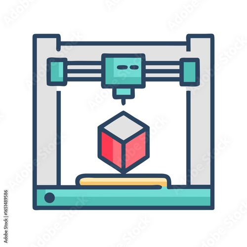 Modern 3D printer creating a red and white cube object. Technology and innovation concept. Vector icon for industrial design, engineering