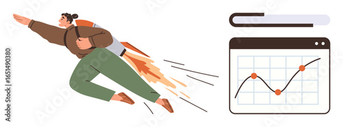 Person with a jetpack propelling forward near a rising line chart. Ideal for success, growth, ambition, career, innovation, progress, data analysis. Depicts a simple flat metaphor