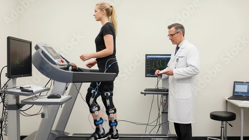 Patient walks on treadmill with corrective braces while podiatrist monitors gait analysis at rehabilitation center