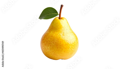 Ripe yellow pear with leaf on transparent background