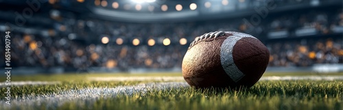 Close-up of an American football on a green field with stadium lights and blurred crowd in the background. Game day atmosphere, focus on the ball, ready for action