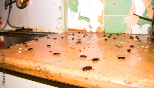 Kitchen counter infested with cockroaches
