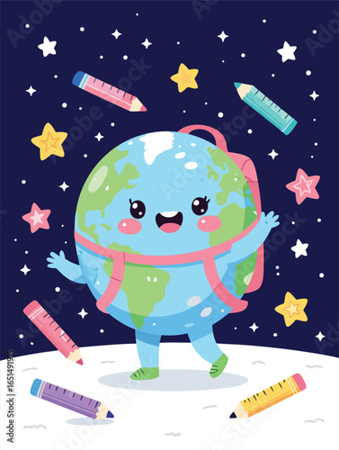 A happy earth character with a backpack surrounded by pencils and stars in space