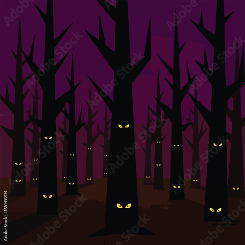 Spooky Halloween Forest with Glowing Eyes in the Dark.