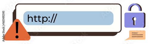 Address bar with http input, alert warning triangle, secure lock icon, and chat bubble. Ideal for cybersecurity, data privacy, online safety, secure platforms, SSL protocols warning notifications