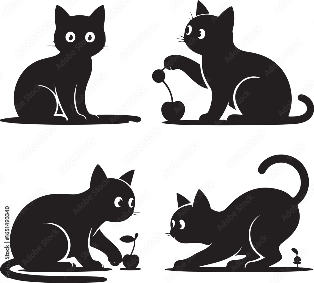 Fototapeta premium Four black cat silhouettes playing with cherries and a plant