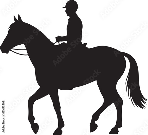 Silhouette of a jockey riding a horse in a show jumping competition