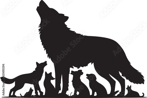Silhouette of a Howling Wolf with Pups A Family of Canines in Harmony
