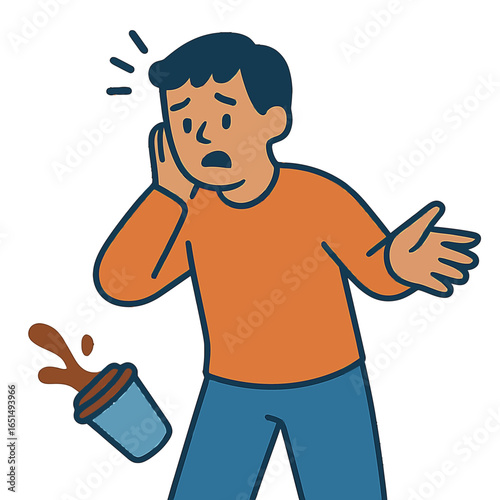 Clumsy moment: person spilling drink, confusion, flat design