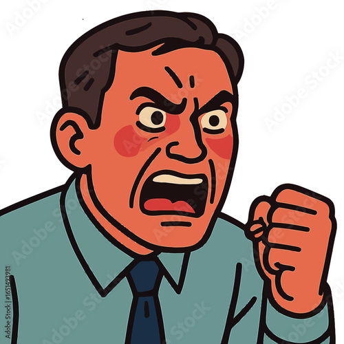 Cartoon style angry man with raised fist on gradient background