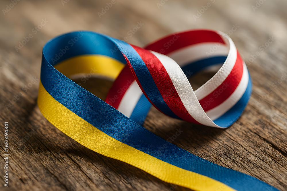 Fototapeta premium Intertwined blue-yellow and red-white-blue ribbons