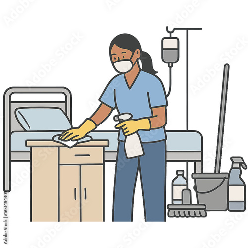 Hospital cleaning staff: essential worker sanitizing patient room hygienically