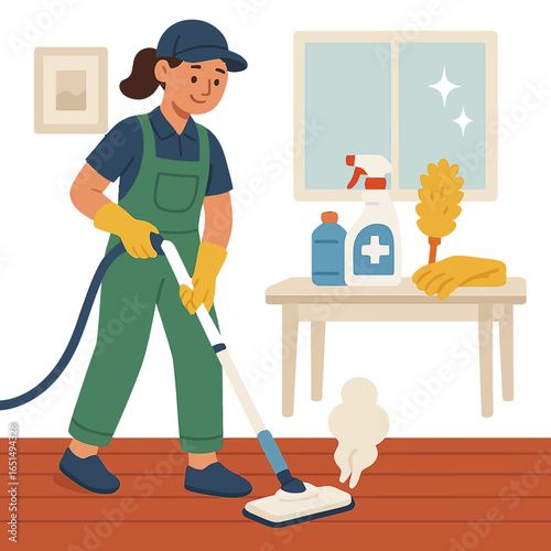 Professional cleaner mopping floor in cozy room with cleaning supplies