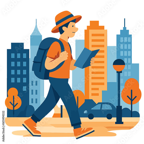 Modern urban traveler walking in cityscape with map