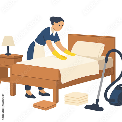 Maid making bed in cozy hotel room with vacuum and warm lighting