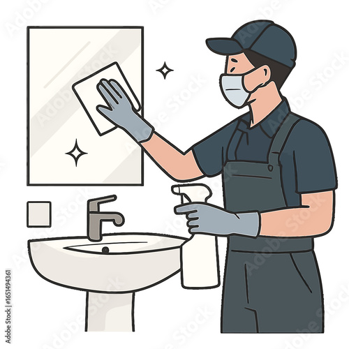 Cleaning professional sanitizing bathroom with mask and gloves