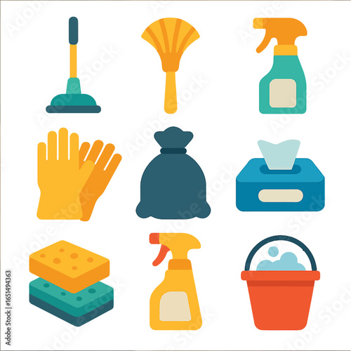 Essential cleaning tools on colorful background