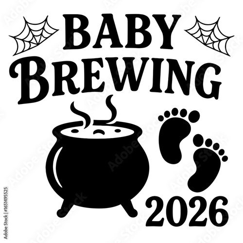 A whimsical announcement, a cauldron bubbles as if brewing something magical, flanked by delicate spiderwebs and the year 2026. A delightful representation of a new life on the way.