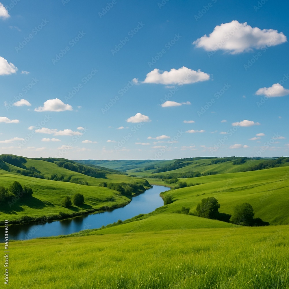 Fototapeta premium Rolling Green Hills and Winding River under Bright Summer Sky