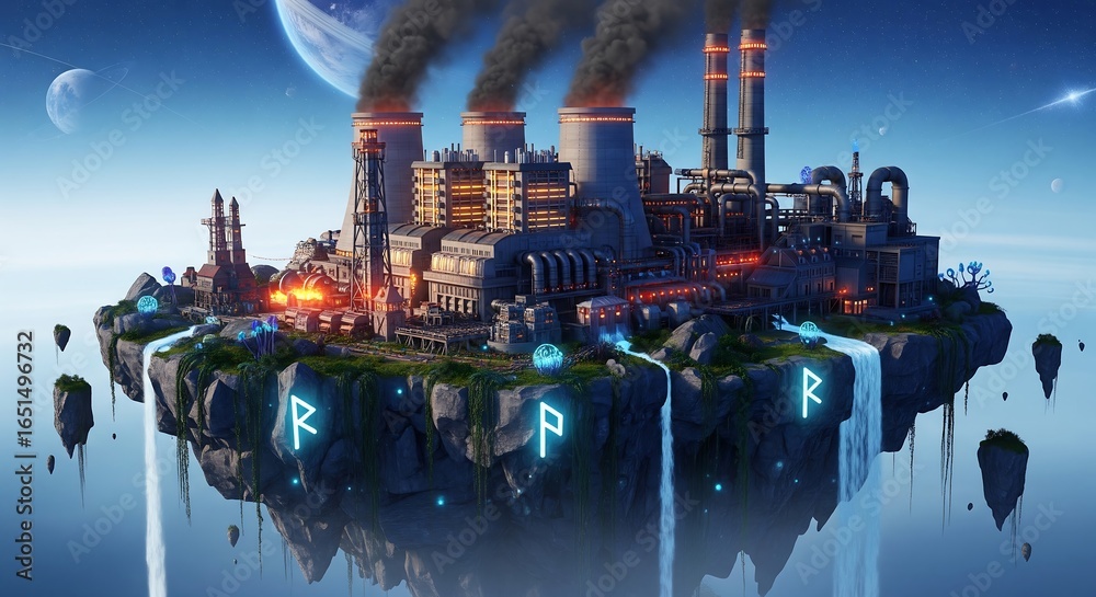Fototapeta premium Futuristic industrial complex on a mystical floating island in space, concept art for science fiction.