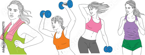 Active women exercising with dumbbells, fitness training, workout routine, gym lifestyle, sports motivation, healthy living, strength training, cardio exercise, wellness