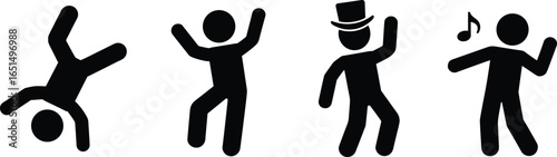 Dancing stick figures, silhouette people dance poses, breakdance illustration, music party concept, hip hop moves, performance icons, fun celebration, creative dance clipart