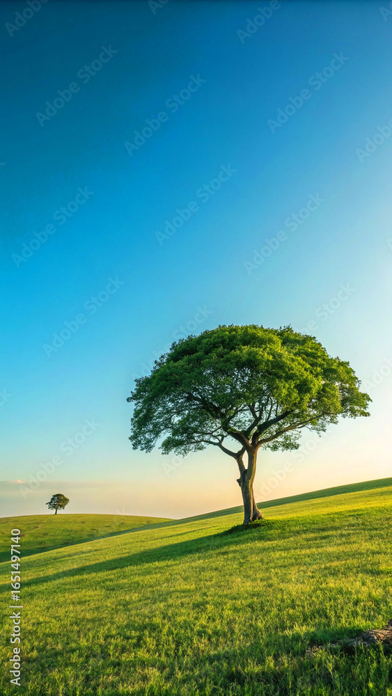 Obraz premium Solitary green tree grassy field clear sky image