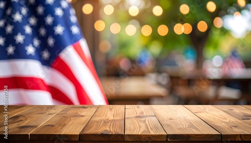 USA Flag with Festive Wooden Table.