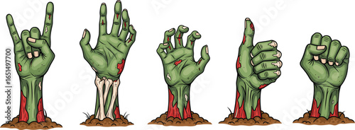Zombie hands rising from ground, horror illustration set, Halloween undead clipart, creepy monster arms, scary cartoon design, spooky gesture collection, graveyard undead artwork