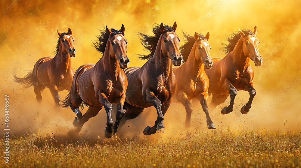 Fototapeta premium A herd of wild horses galloping through a vast grassland with dust particles caught in the golden sunlight 