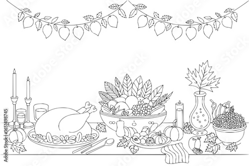 Thanksgiving dinner coloring page for adults and kids, printable thanksgiving table scene outline