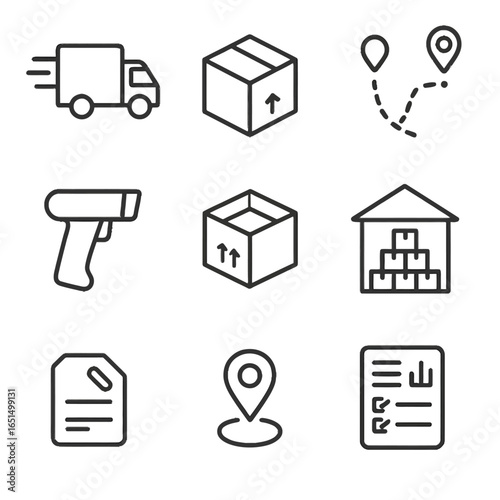 Minimalist delivery icons set: logistics, tracking, shipping, and warehousing