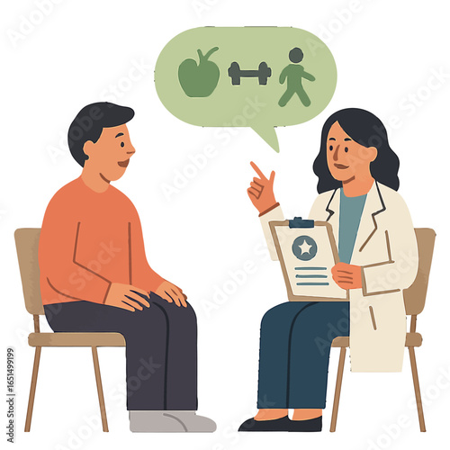 Doctor discusses healthy lifestyle with patient in modern flat style