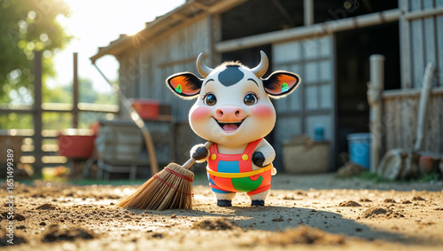 adorable funny cartoon cow sweeping with broom on farm, summer day